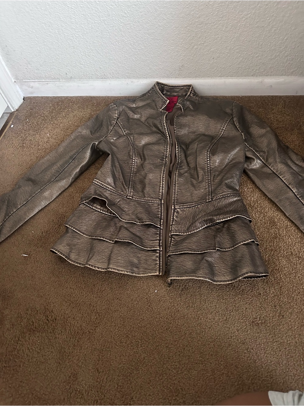 Womens Metallic Taupe Faux Leather Ruffle Peplum Jacket
